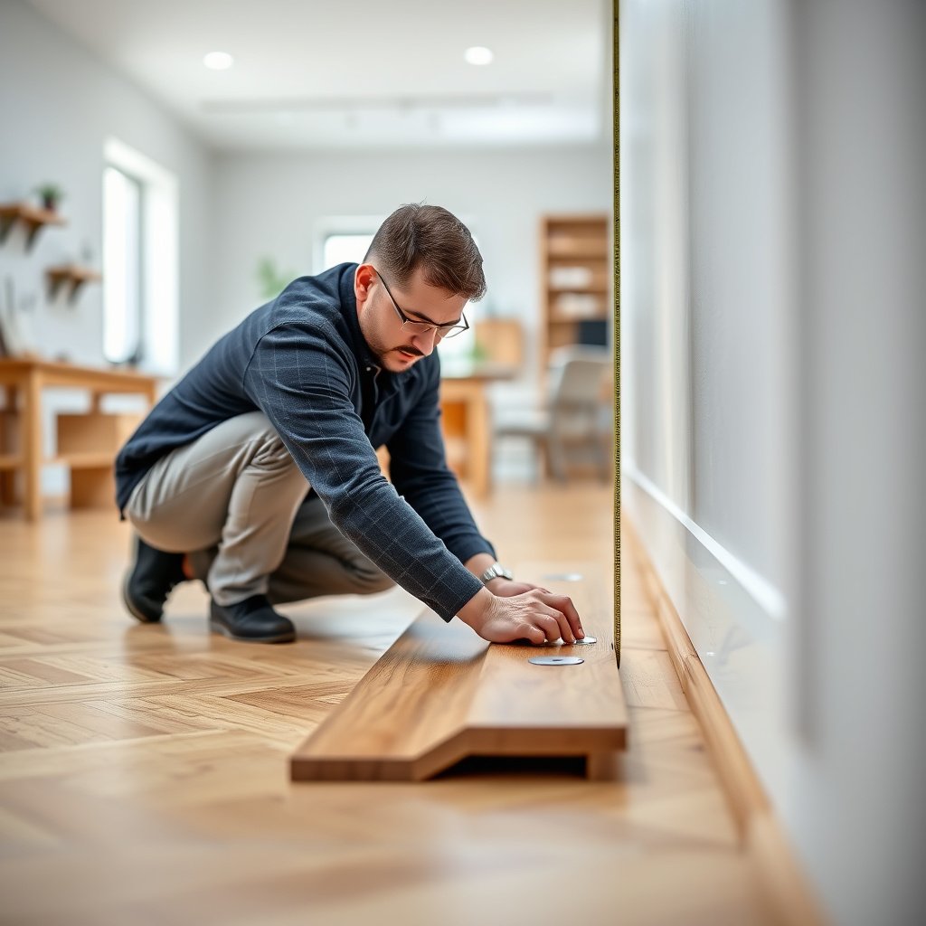 A person measuring door openings to plan the height for parquet floor thresholds.