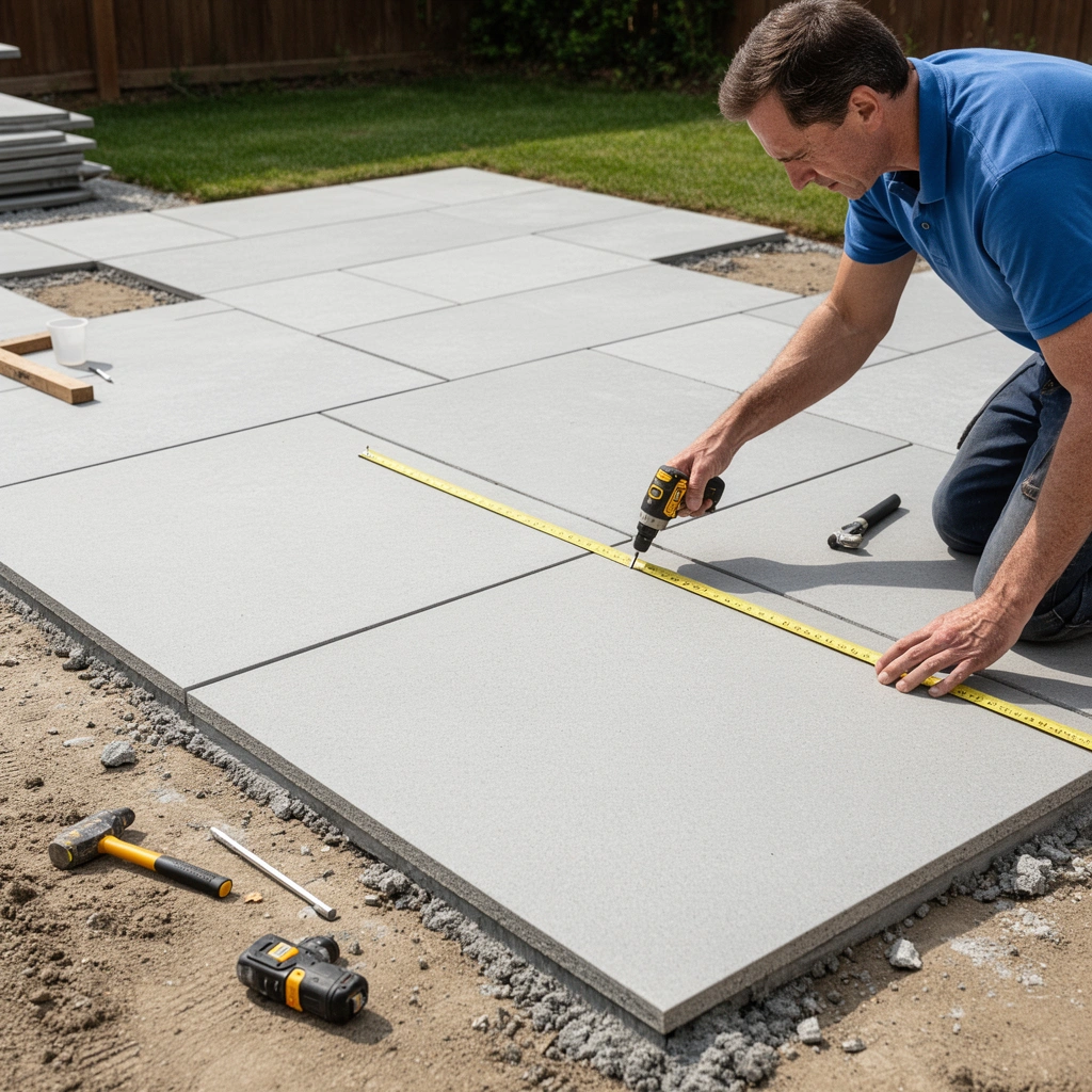Person measuring the patio area for flooring installation in a step-by-step guide.