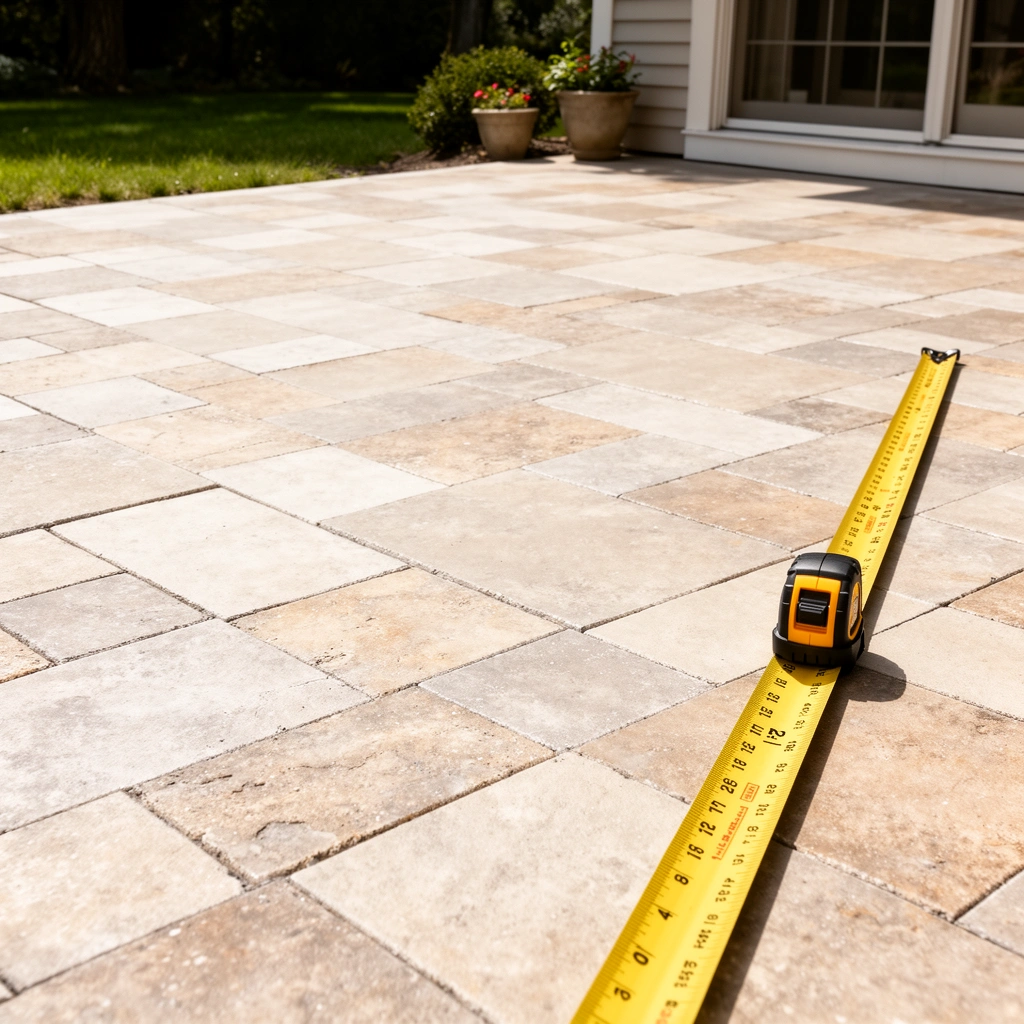 Diagram showing how to measure the full patio footprint, including hidden areas, for accurate flooring installation.