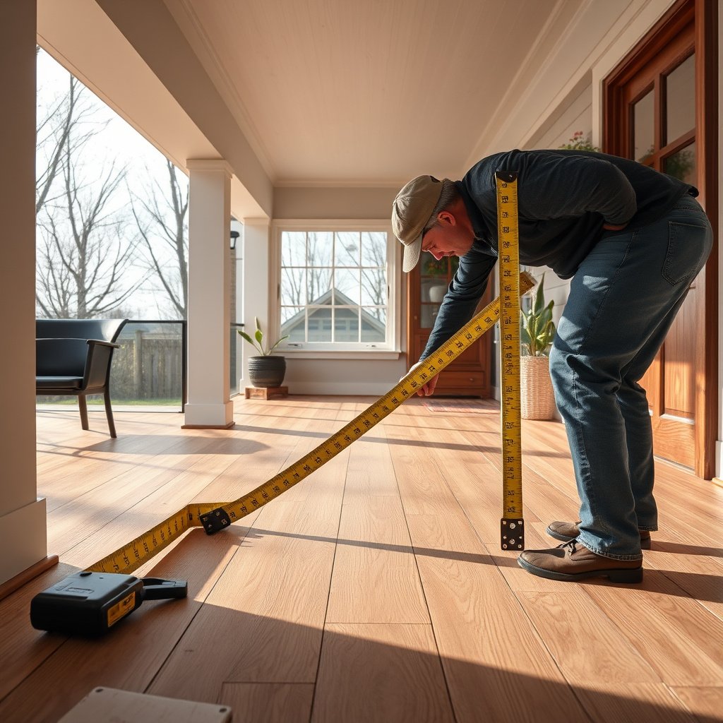 A person measuring the footprint of a porch in square feet for engineered wood flooring installation.