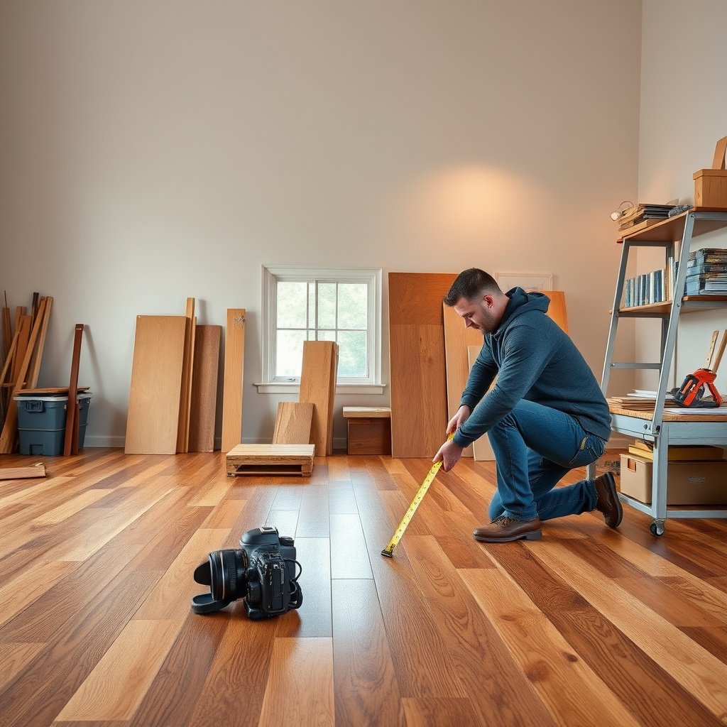 Person measuring the length and width of a room for hardwood floor installation.