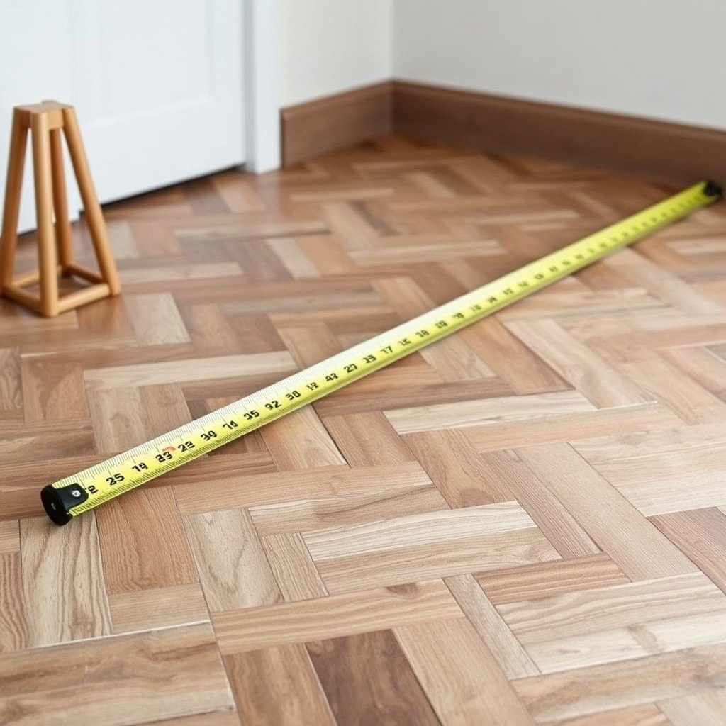 Person measuring a room for herringbone floor installation, showing accurate dimensions.