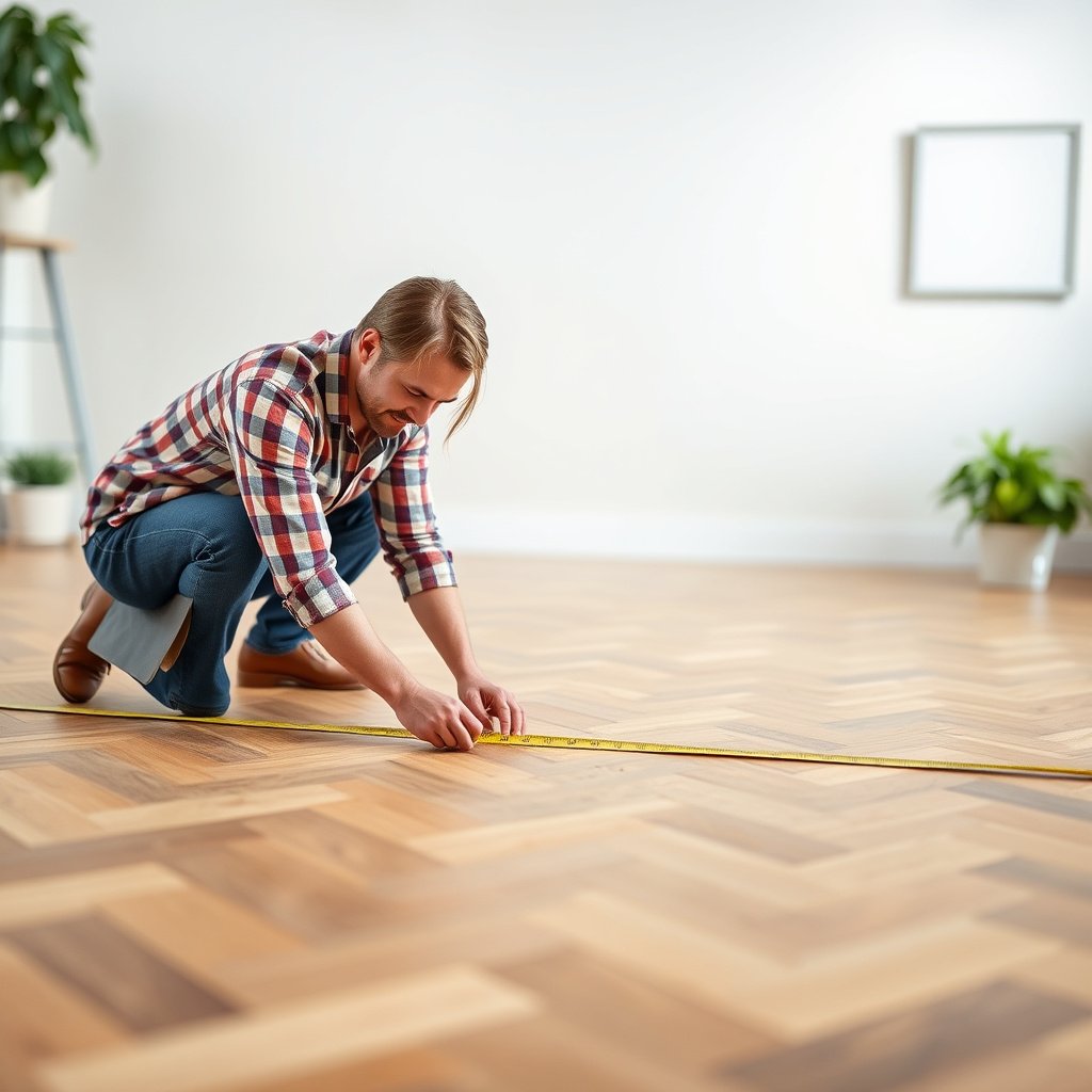 A person measuring a room to ensure it's square for chevron floor installation.