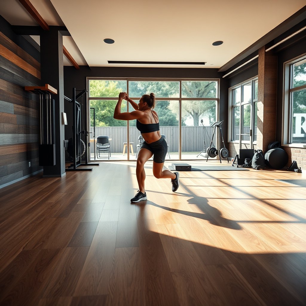 Measuring a room to install laminate floors in a home gym, confirming laminate type.