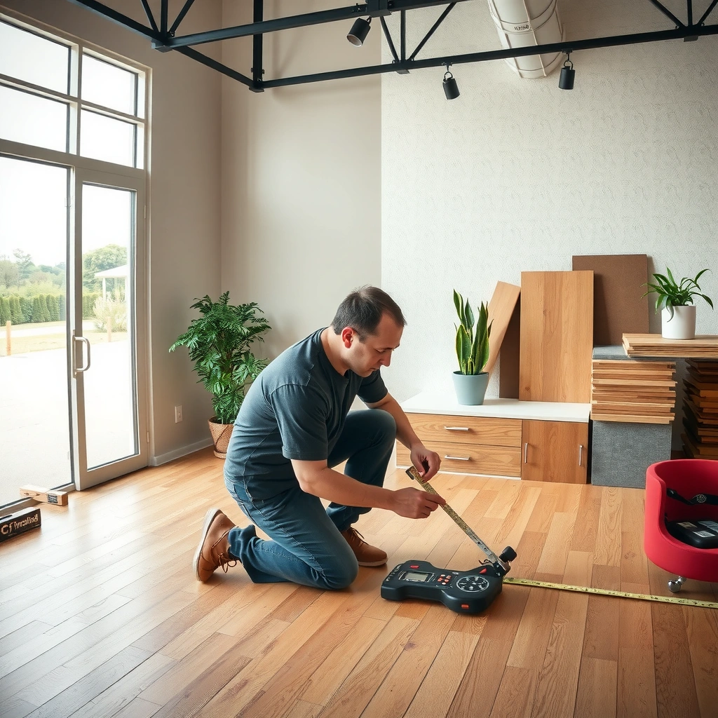 Person measuring a room for laminate flooring, including tricky areas like corners and alcoves.