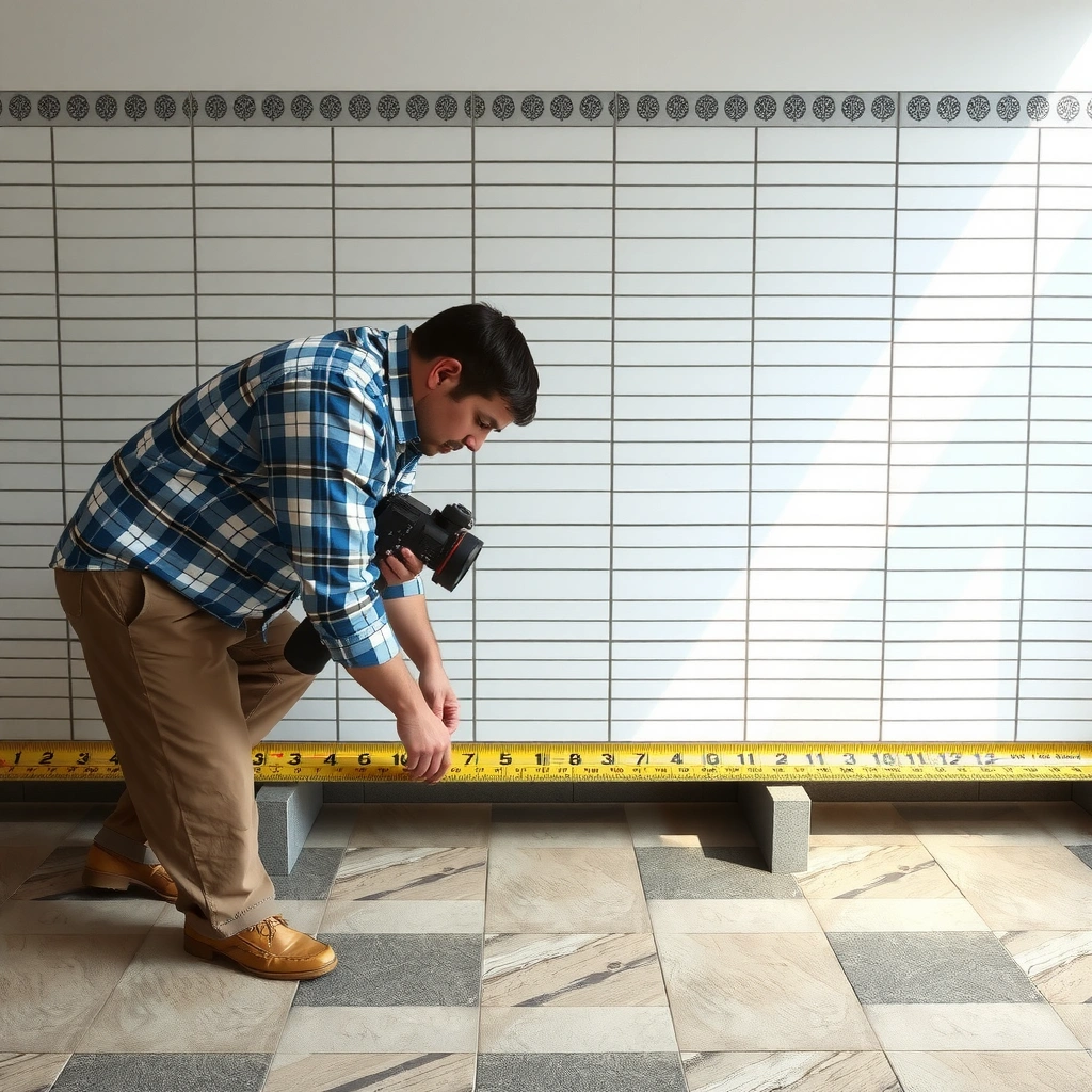 Measuring the length and width of a room for mosaic tile flooring, noting key obstacles.