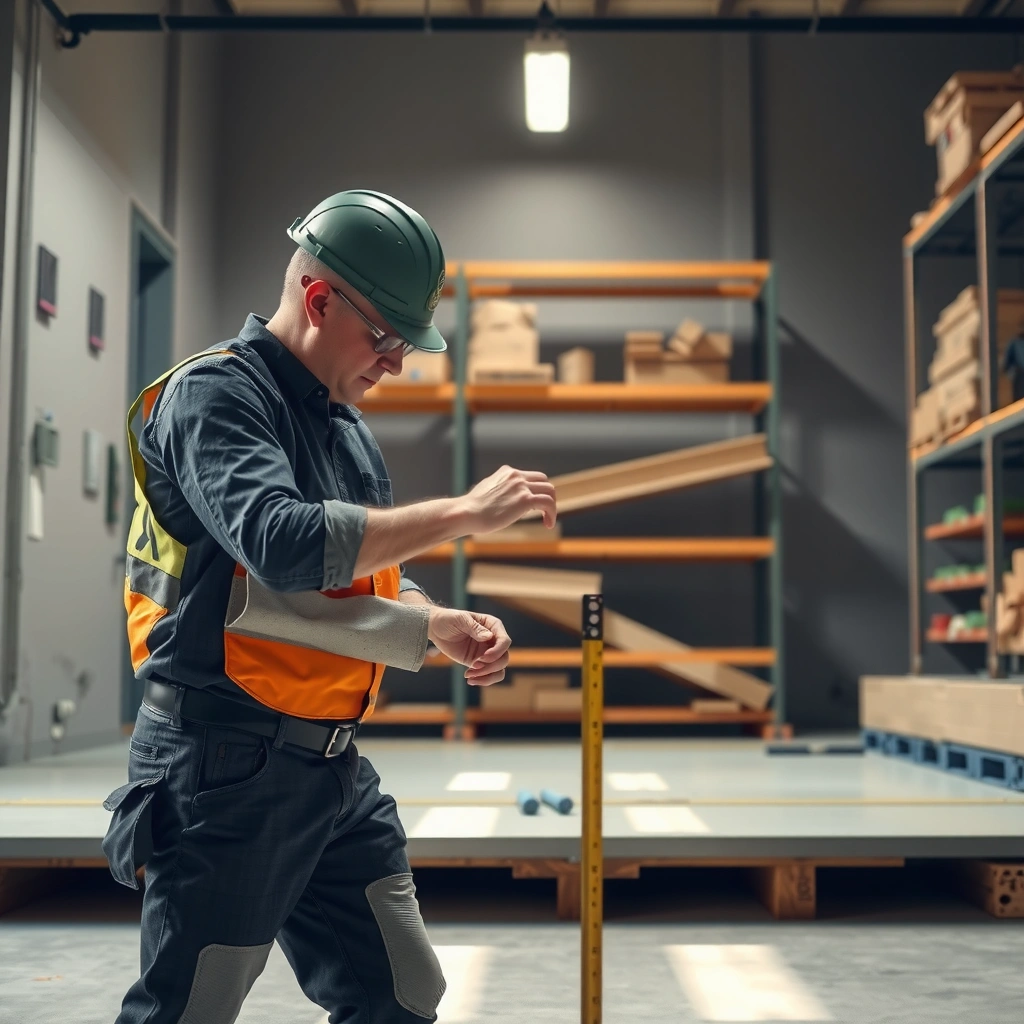 A person measuring the area and thickness of a concrete slab for flooring calculation.