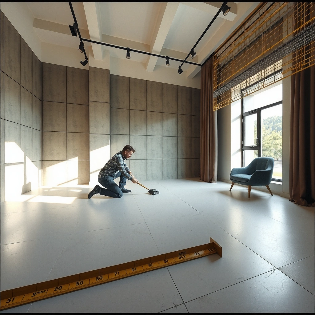 Measuring tools and a floor plan illustrating how to measure square footage and boundaries for polished concrete floors.