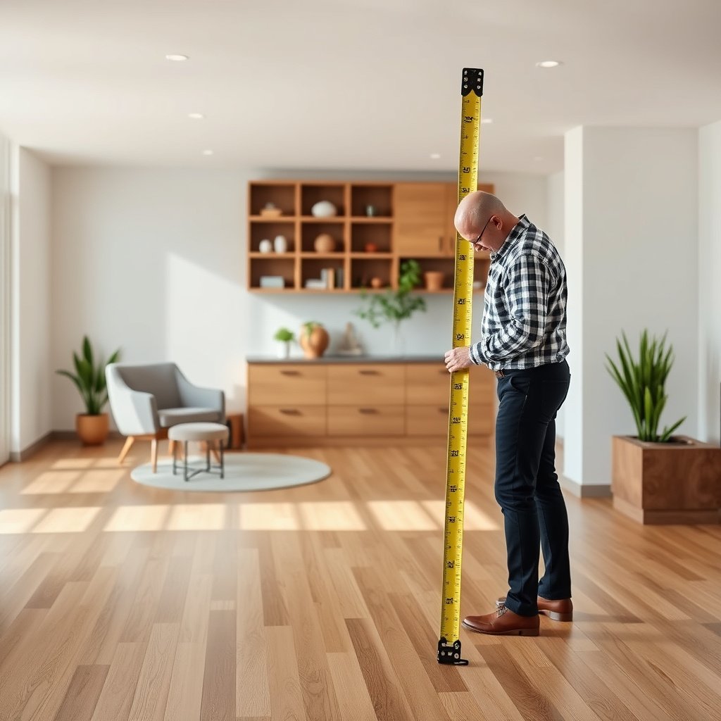 A measuring tape on a floor, illustrating how to measure square footage for wood-look tile installation.