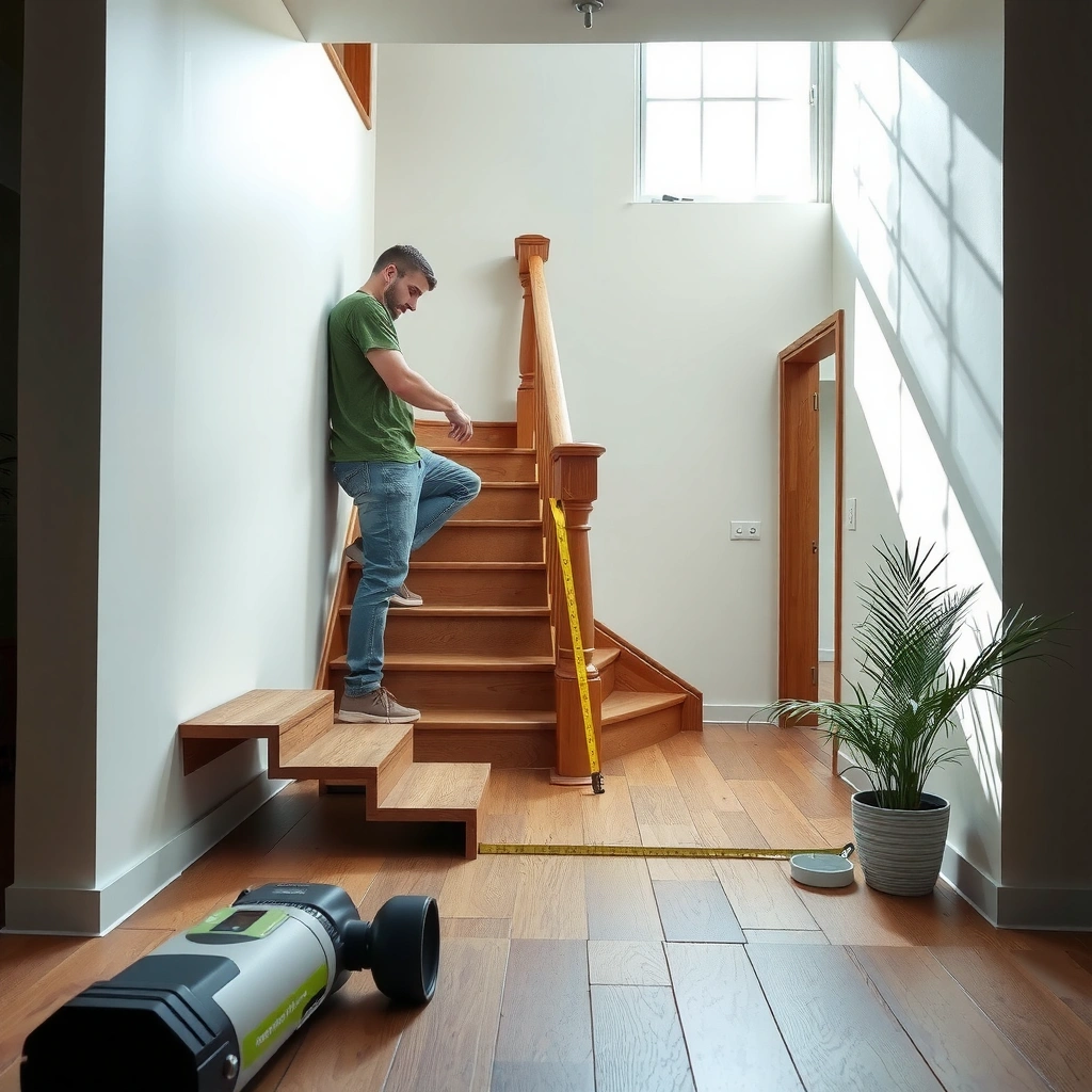 Measuring the stair areas and planning plank layout for laminate flooring installation.