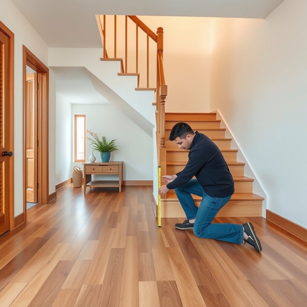 Measuring the width of a staircase, including stringers and landings for hardwood flooring installation.