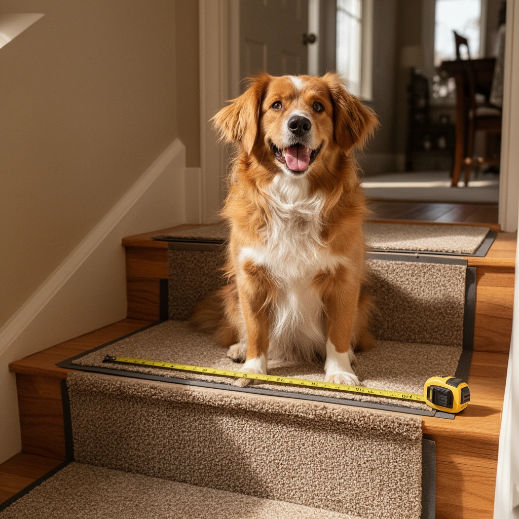 Measuring tape on stairs to plan carpet tile layout for installation