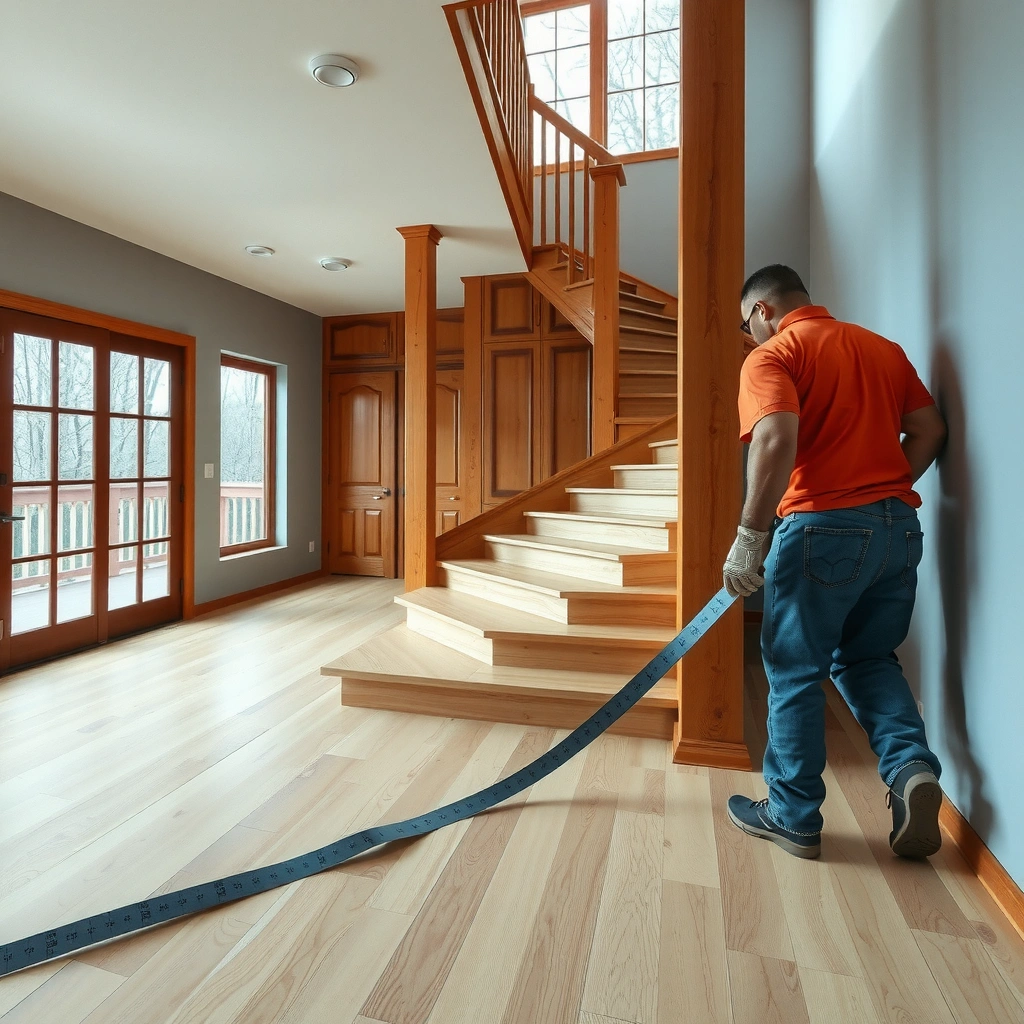 A person measuring the treads and risers of stairs for polyurethane floor installation