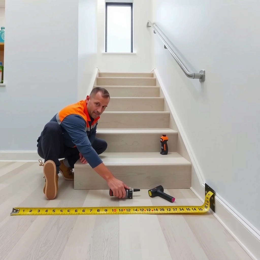 Measuring treads, risers, and nosing for sheet vinyl flooring installation on stairs.