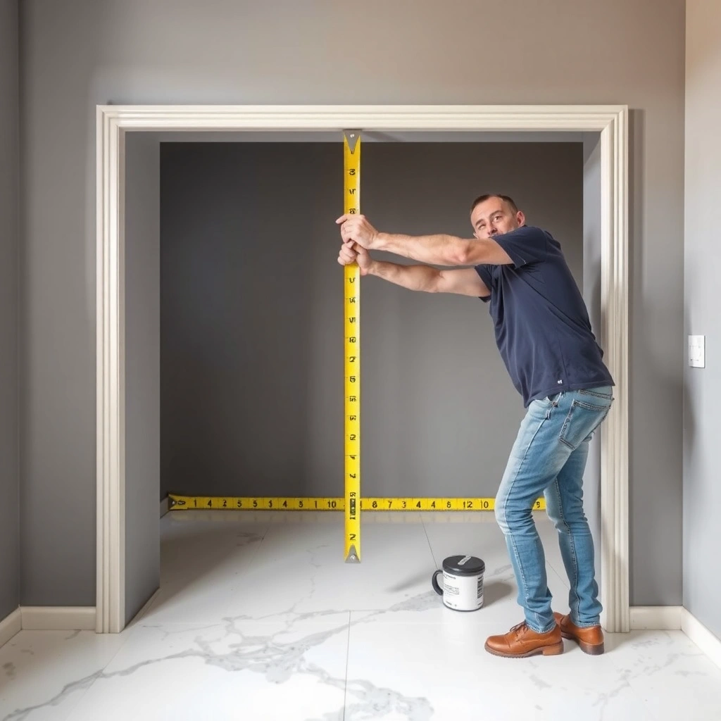 A person measuring the threshold fit for granite floors during installation.