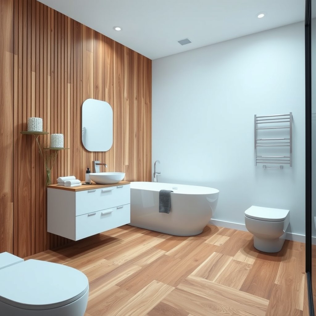 Tools and materials needed to measure engineered wood floors for a bathroom accurately.