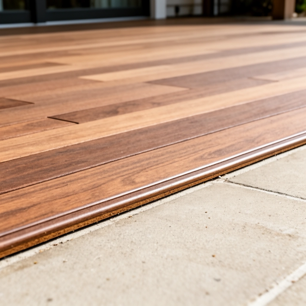 Measuring and planning the trim line for outdoor flooring before cutting for clean edges.