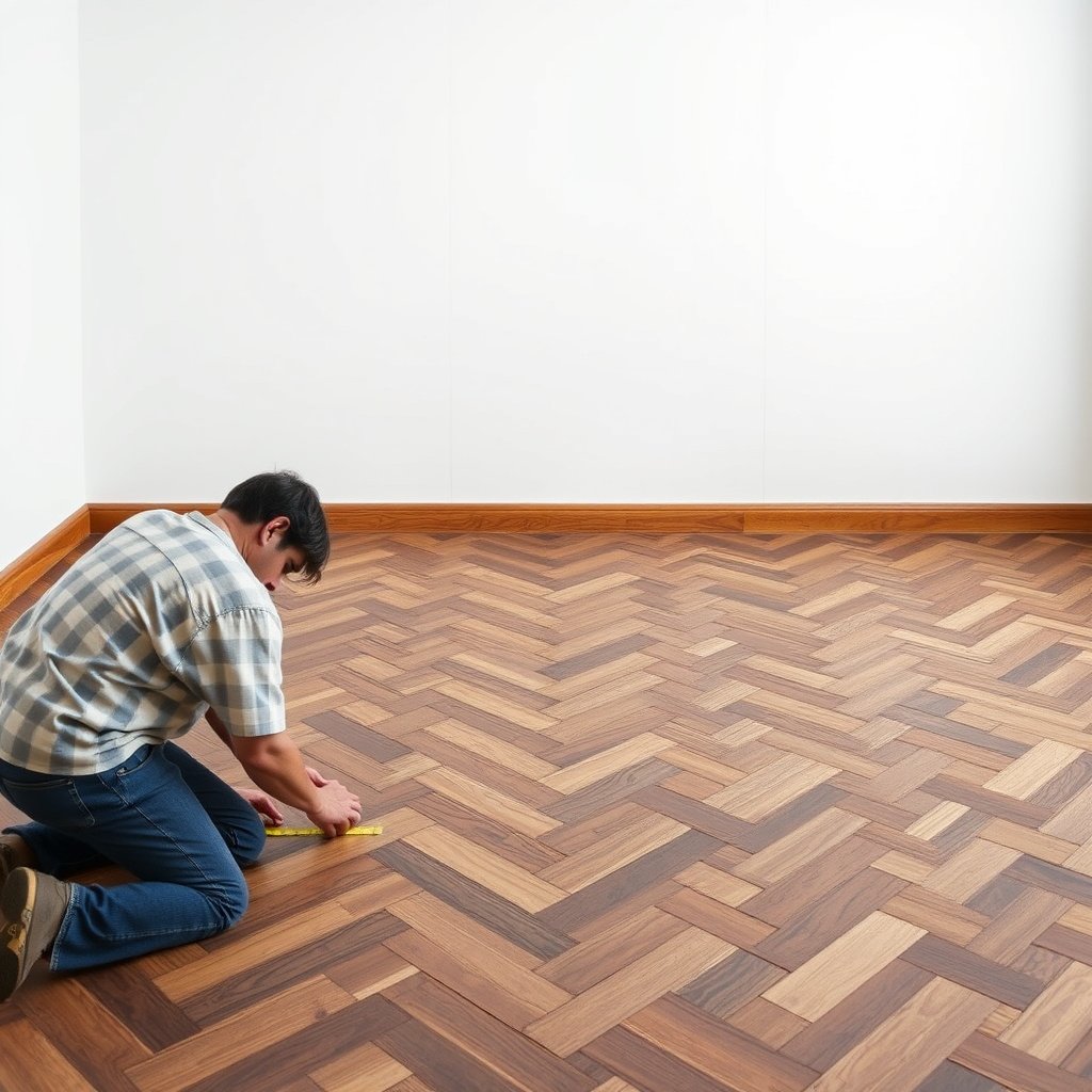 A person measuring an uneven floor with a tape measure for herringbone floor installation