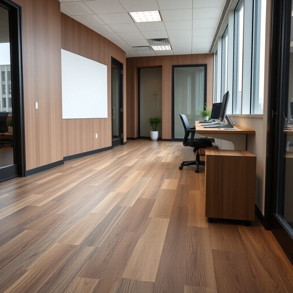 A person measuring the flatness of a vinyl floor before installation in a commercial office space.