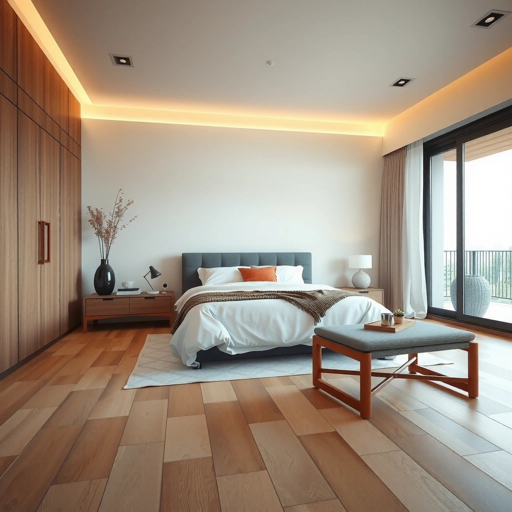 Measuring tools and layout plan for installing sheet vinyl floors in a bedroom.