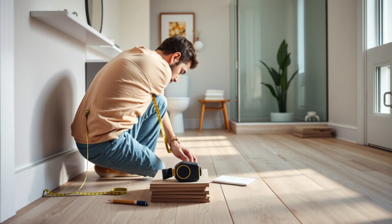 Step-by-step guide on how to measure vinyl floors for a bathroom renovation project.