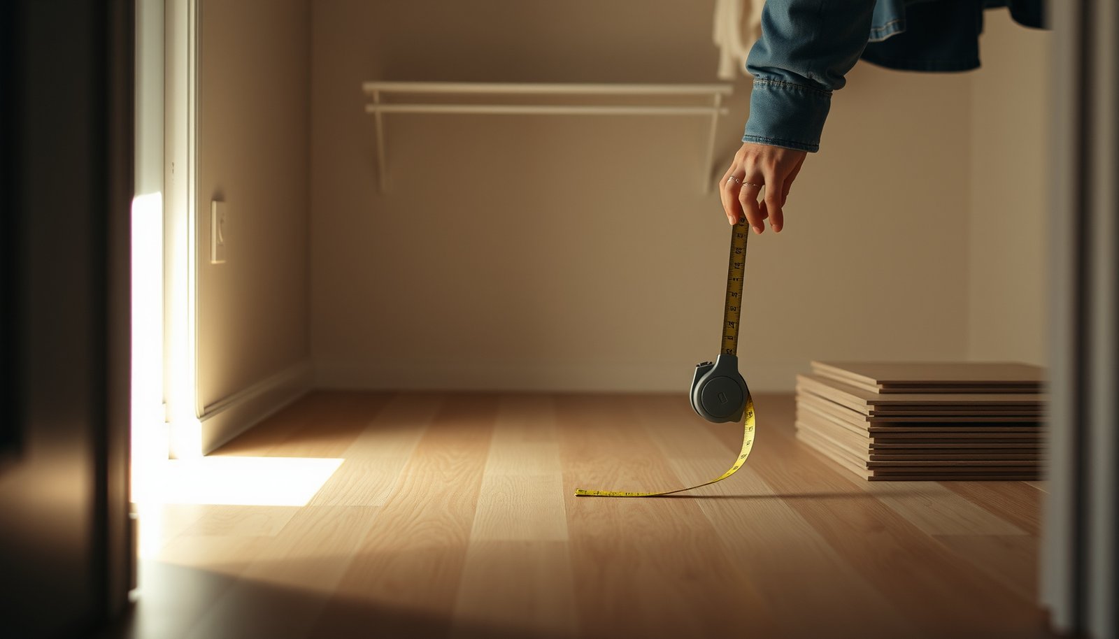 A person measuring vinyl flooring dimensions for a closet installation.