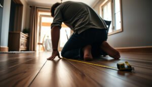 A person measuring vinyl flooring in a dining room for accurate installation.
