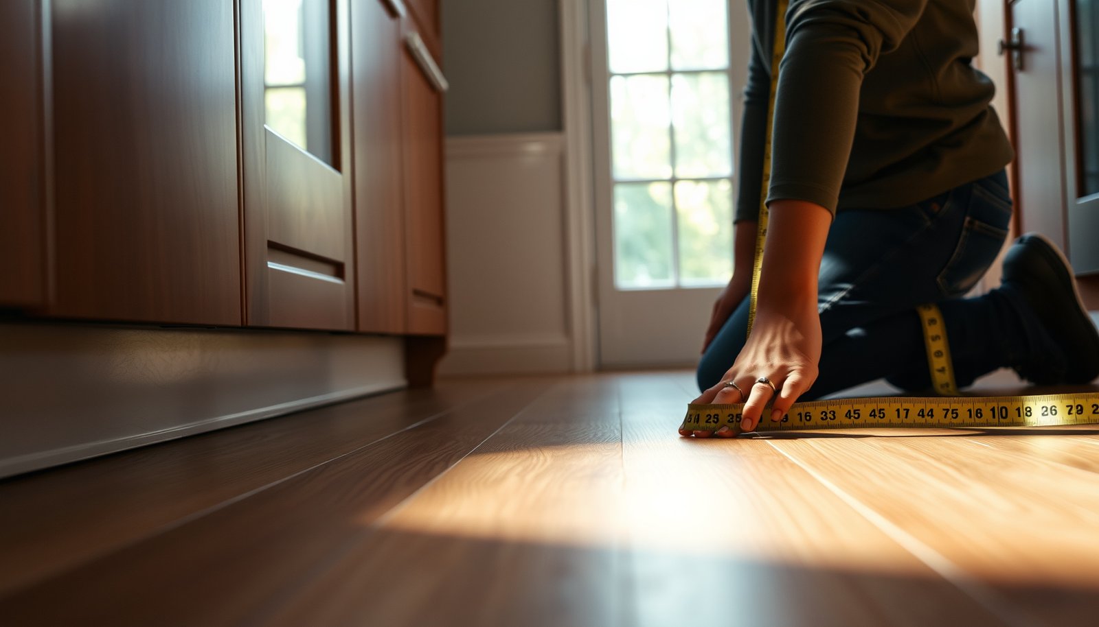 Step-by-step guide on how to measure vinyl floors in a kitchen setting.