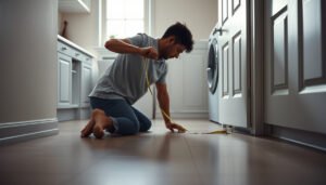 A person measuring vinyl flooring in a laundry room with a tape measure.