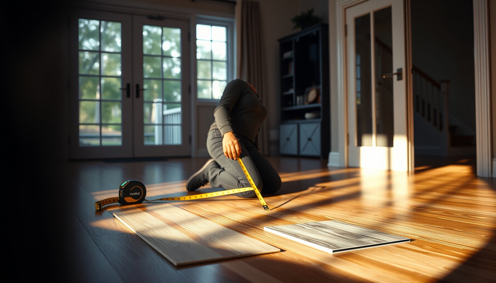 A person measuring vinyl flooring in a living room for accurate installation.