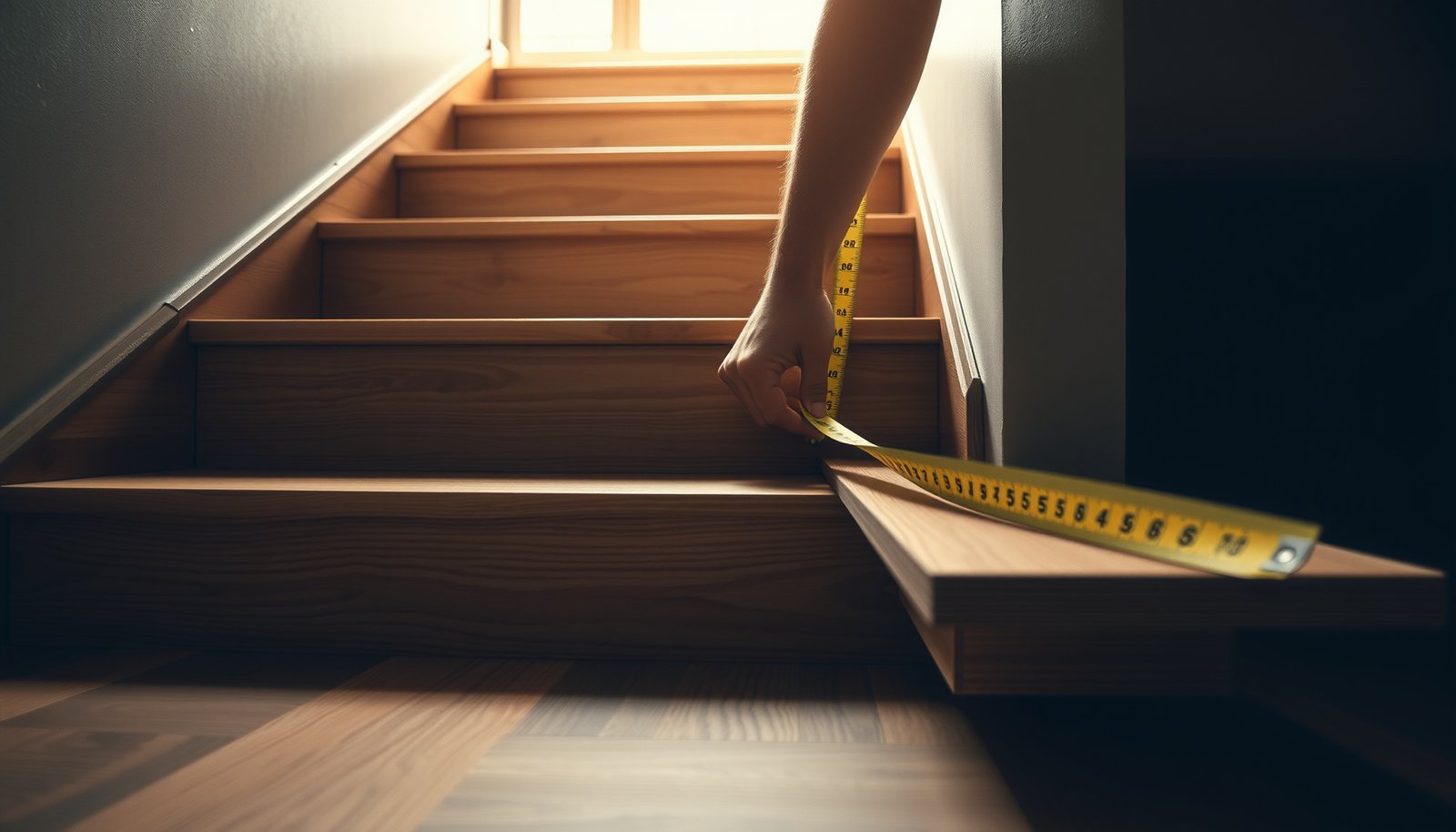 A person measuring vinyl flooring for installation on a staircase, showcasing accurate measurement techniques.