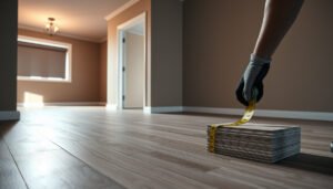 A person measuring vinyl flooring in a rental property for accurate installation.