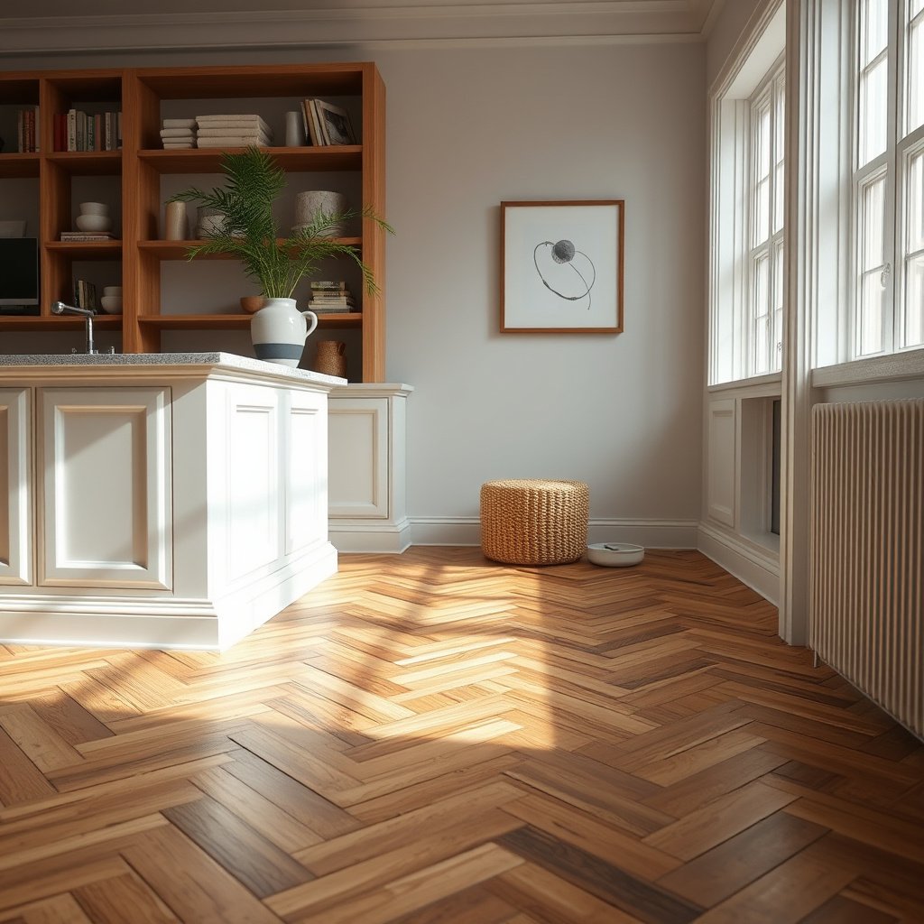 A person using a mechanical tool to safely remove paint from herringbone wood floors.