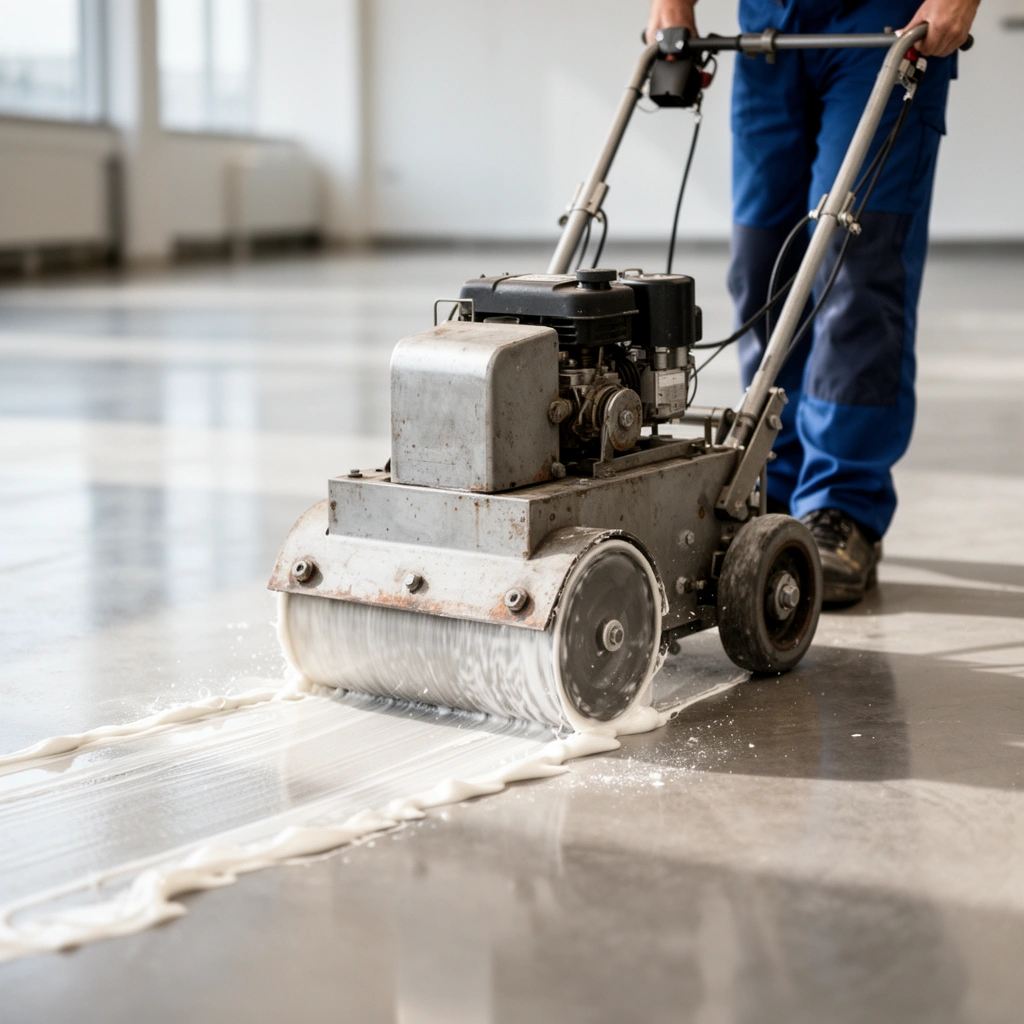 Demonstrating mechanical removal of adhesive from commercial floors safely