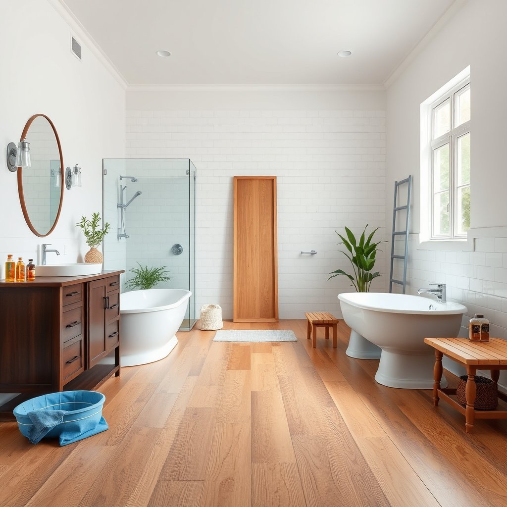 Illustration of moisture control methods for hardwood floors in a bathroom setting.