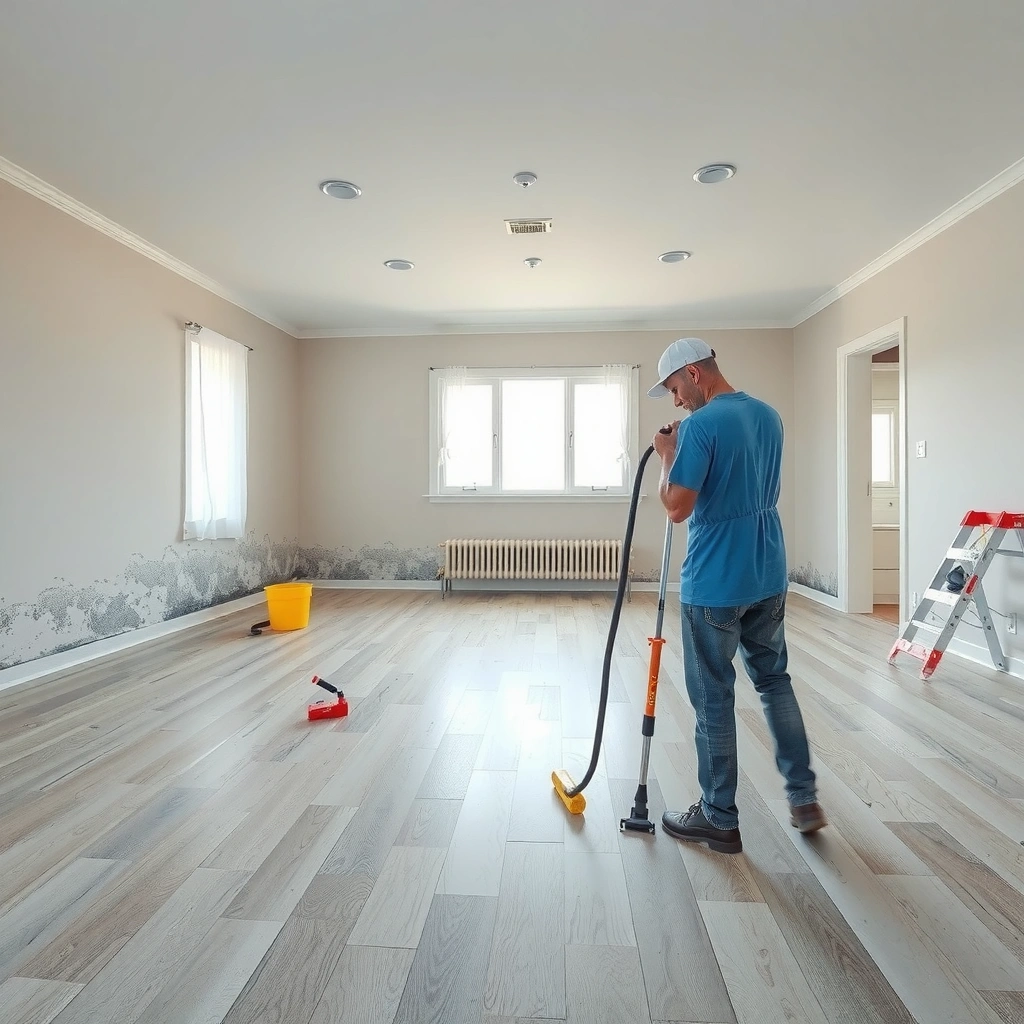 A homeowner checking moisture levels before installing vinyl flooring to prevent mold.