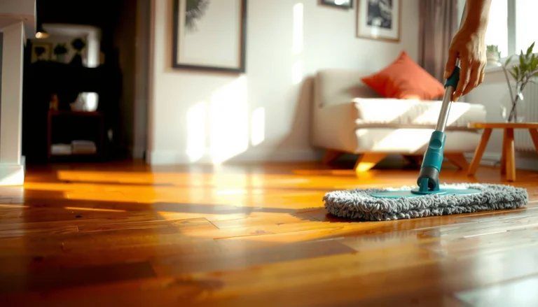 A person mopping bamboo floors carefully to protect the finish and maintain shine.