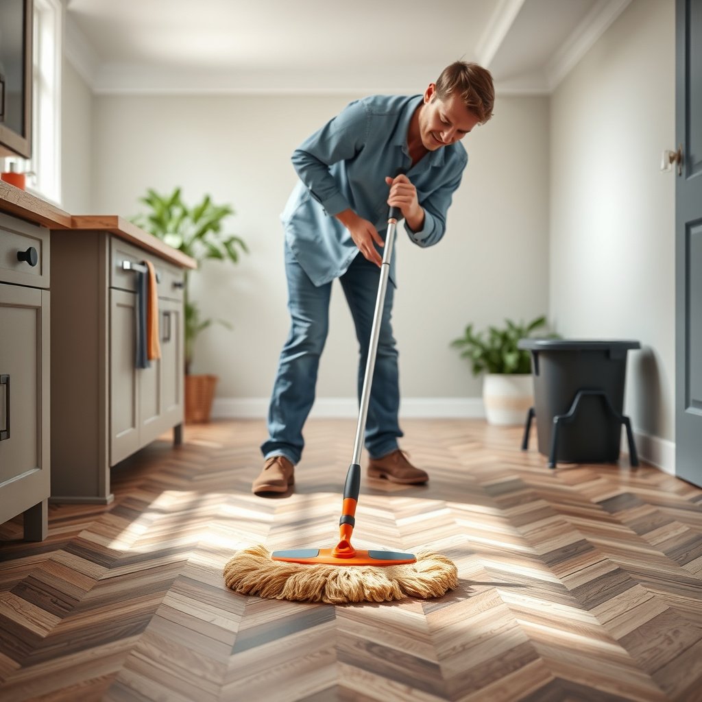 A mop being used in the correct direction on a chevron patterned floor for effective cleaning.