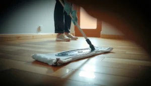 A person demonstrating safe mopping techniques on engineered wood floors to avoid damage.