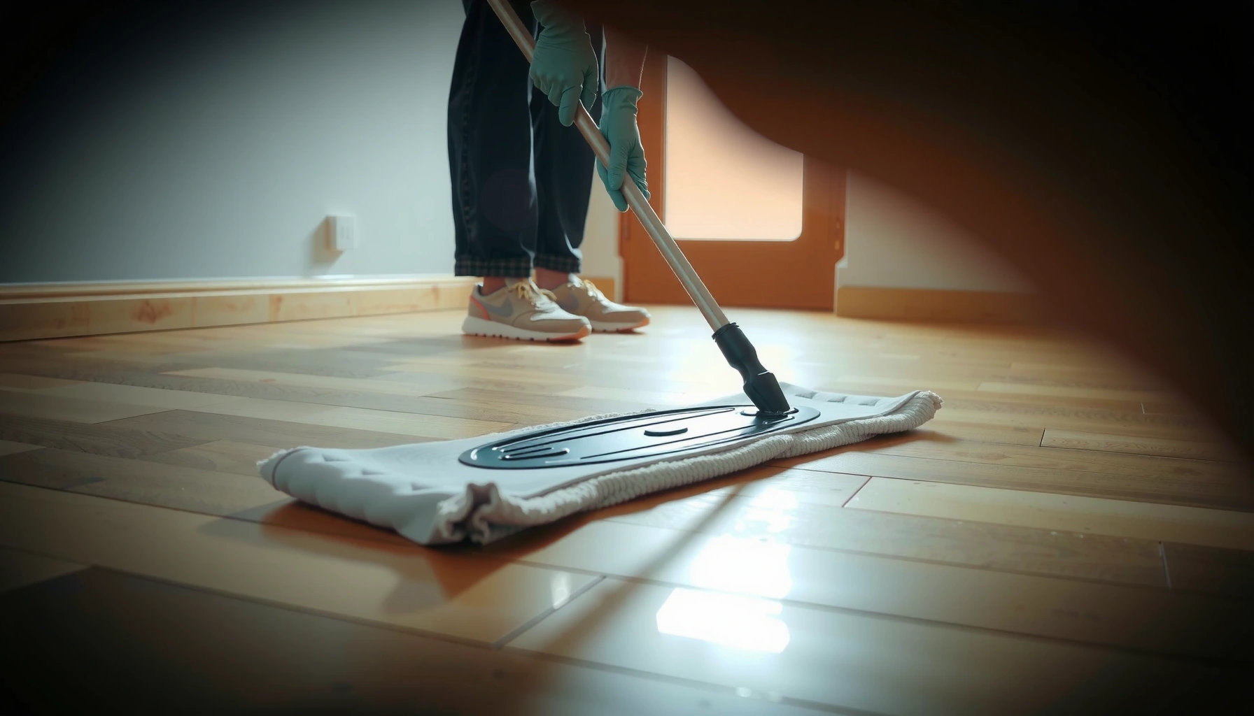 A person demonstrating safe mopping techniques on engineered wood floors to avoid damage.