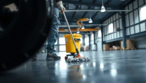 A worker demonstrating how to mop industrial floors for clean and safe results in a warehouse setting.