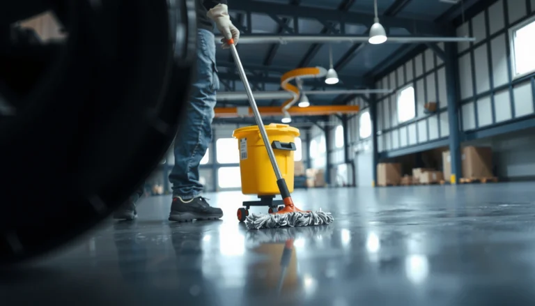 A worker demonstrating how to mop industrial floors for clean and safe results in a warehouse setting.