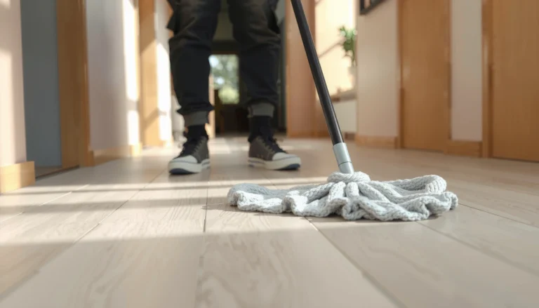 A person mopping laminate floors carefully to protect the finish without damage.