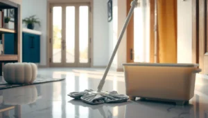 A person mopping a marble floor with safe techniques for sparkling results