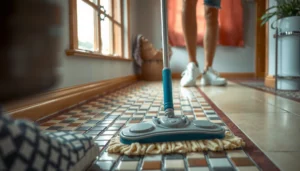 A person mopping mosaic tile floors carefully to protect grout from damage while cleaning.