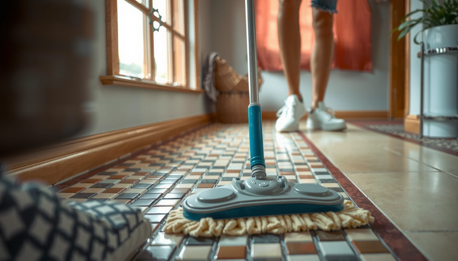 A person mopping mosaic tile floors carefully to protect grout from damage while cleaning.