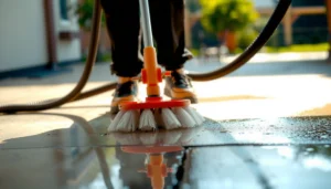 A person mopping outdoor floors with a bucket and mop, demonstrating cleaning tips for outdoor surfaces.