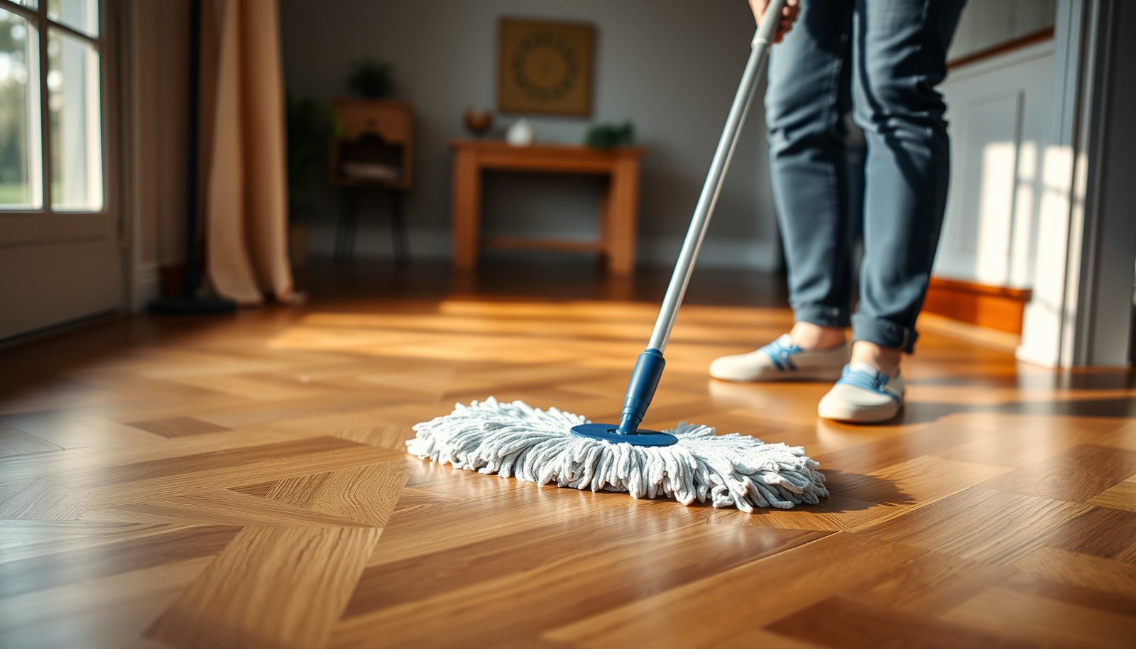 A person mopping parquet floors carefully to avoid damaging the finish.