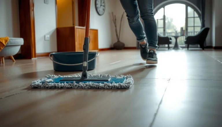 A person mopping polished concrete floors using the correct technique for effective cleaning.