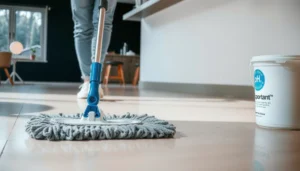 A person mopping a polyaspartic floor using safe cleaning steps.
